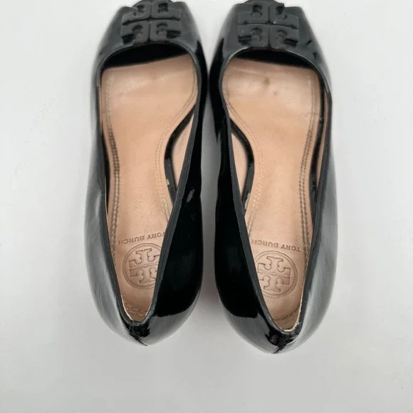 Tory Burch Lowell Wedge Heels Womens 7M Black Patent Leather Peep Toe Luxury CEO - Picture 6 of 10